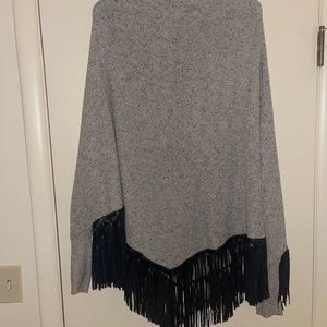 Zozo grey with black leather fringe poncho